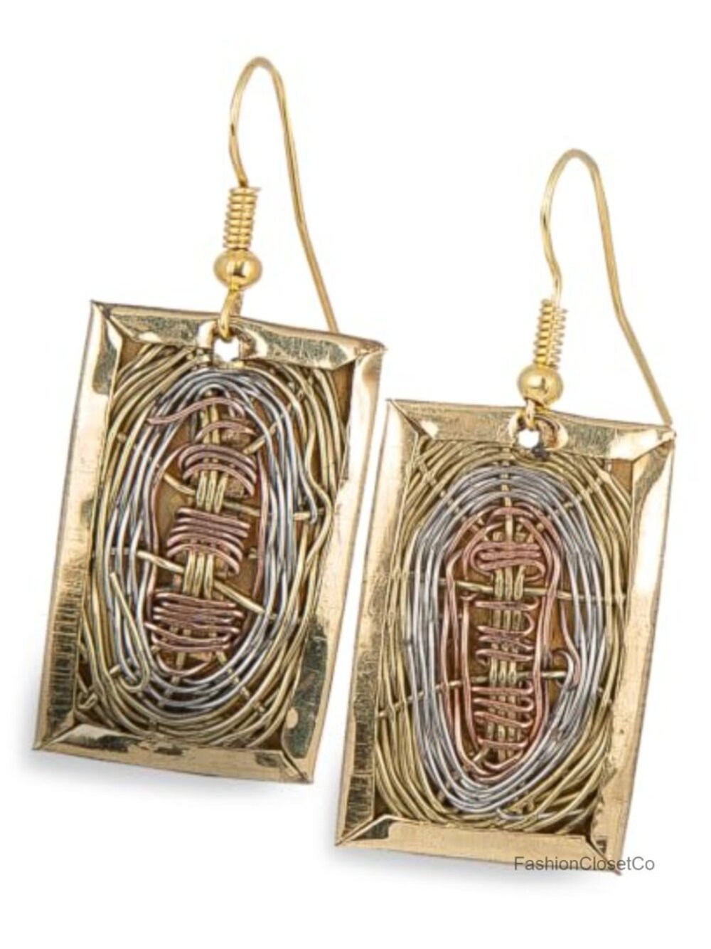 Handmade Basket Weave Dangle Earrings Three-Tone Boho Mixed Metal